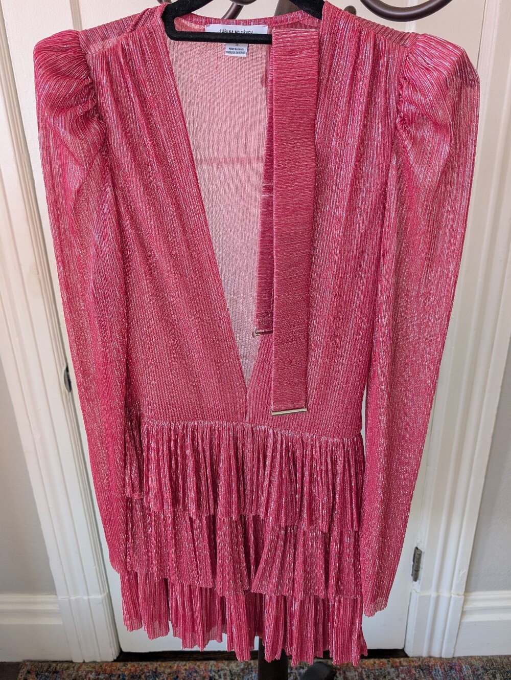 Sabina Musayev - Metallic Pink Pleated Ruffle V-Neck Dress - (size Small)
